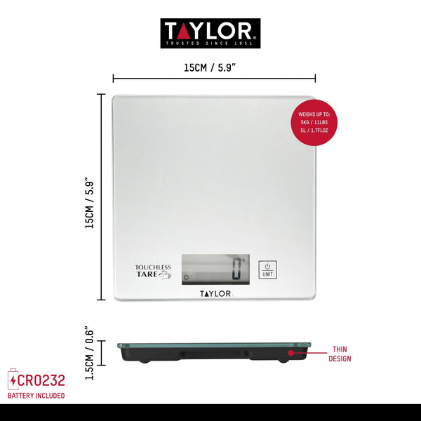 Taylor Pro Compact Digital Kitchen Scales with Touchless Tare in Gift Box, Glass / Plastic - Silver image 8