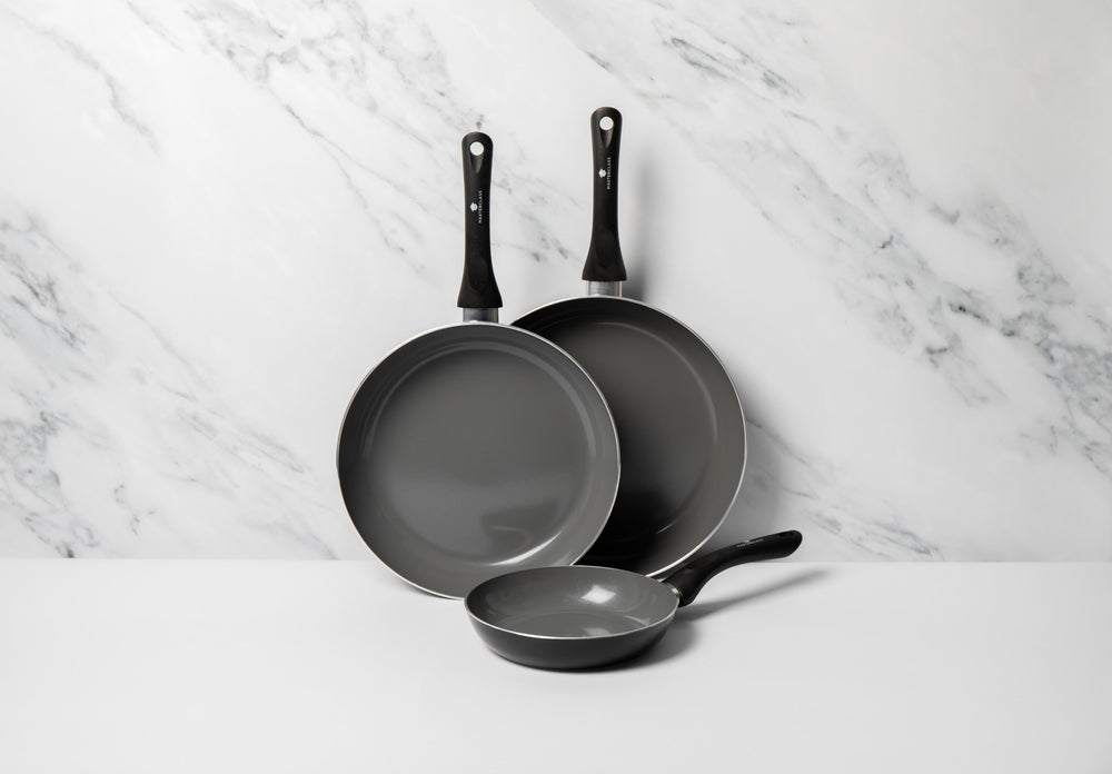 3pc Can-to-Pan Recycled Aluminium & Ceramic Frying Pan Set with 3x Non-Stick Frying Pans Sized 20cm, 28cm and 30cm