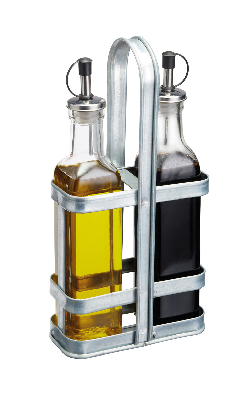 Industrial Kitchen Vintage-Style Glass Oil and Vinegar Cruet Set with Galvanised Steel Holder