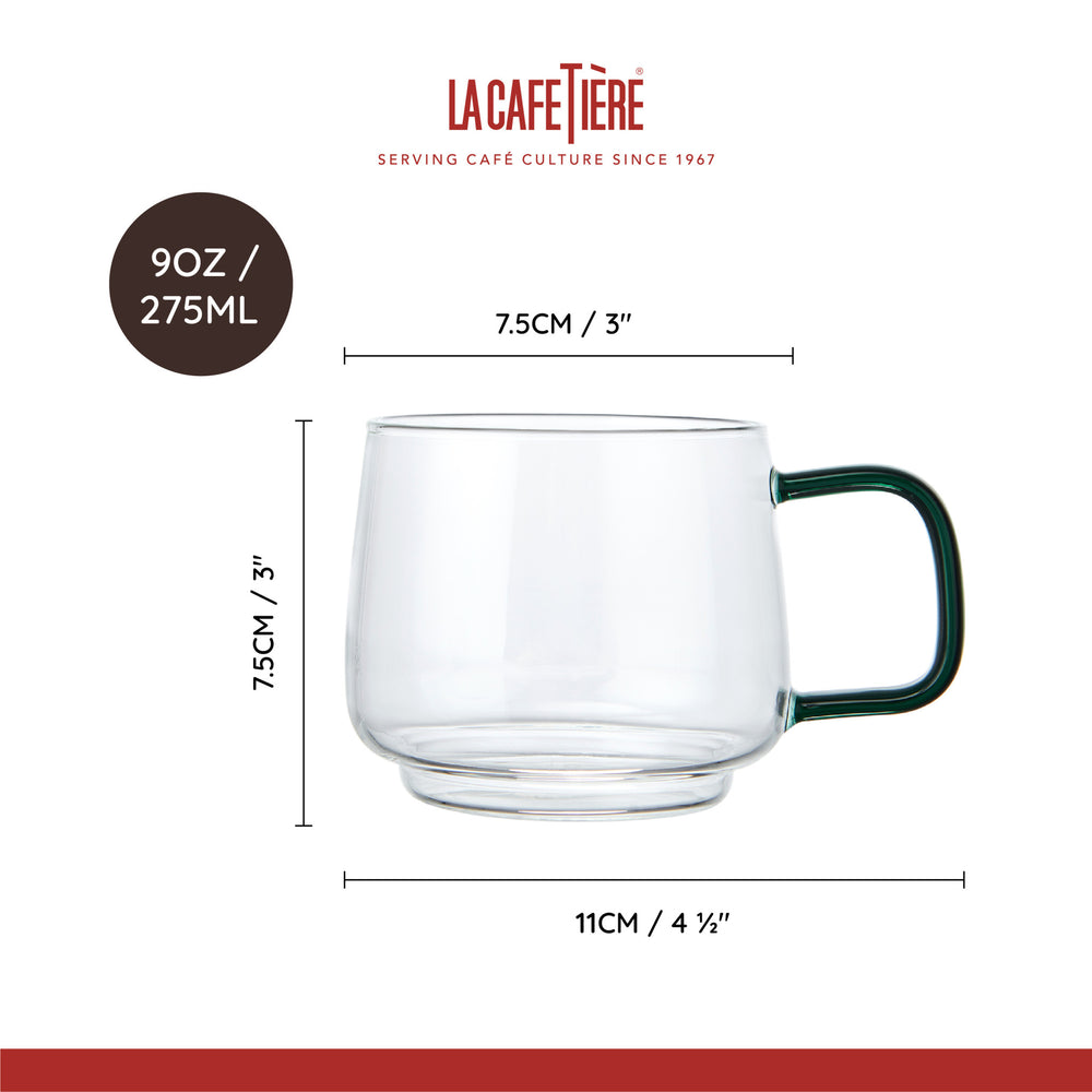 La Cafetière Glass Mug With Green Glass Handle, Set of 2, 275ml