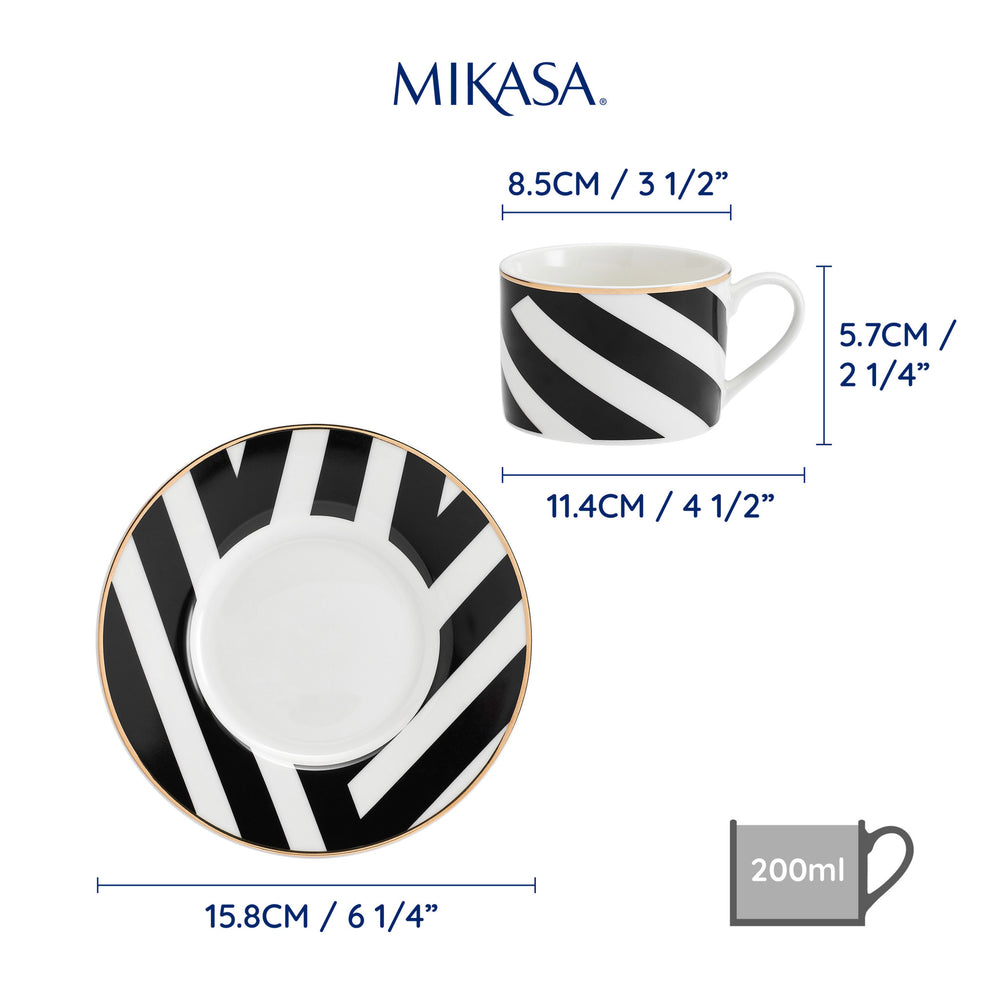 Mikasa Luxe Deco Geometric Print China Tea Cups and Saucers, Set of 2, 200ml