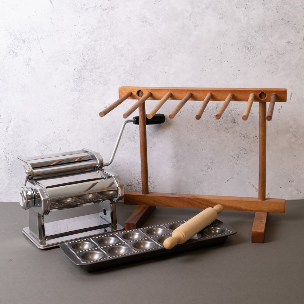 4pc Pasta Making Set with Deluxe Double Cutter Pasta Machine, Pasta Drying Stand, Ravioli Mould and Rolling Pin