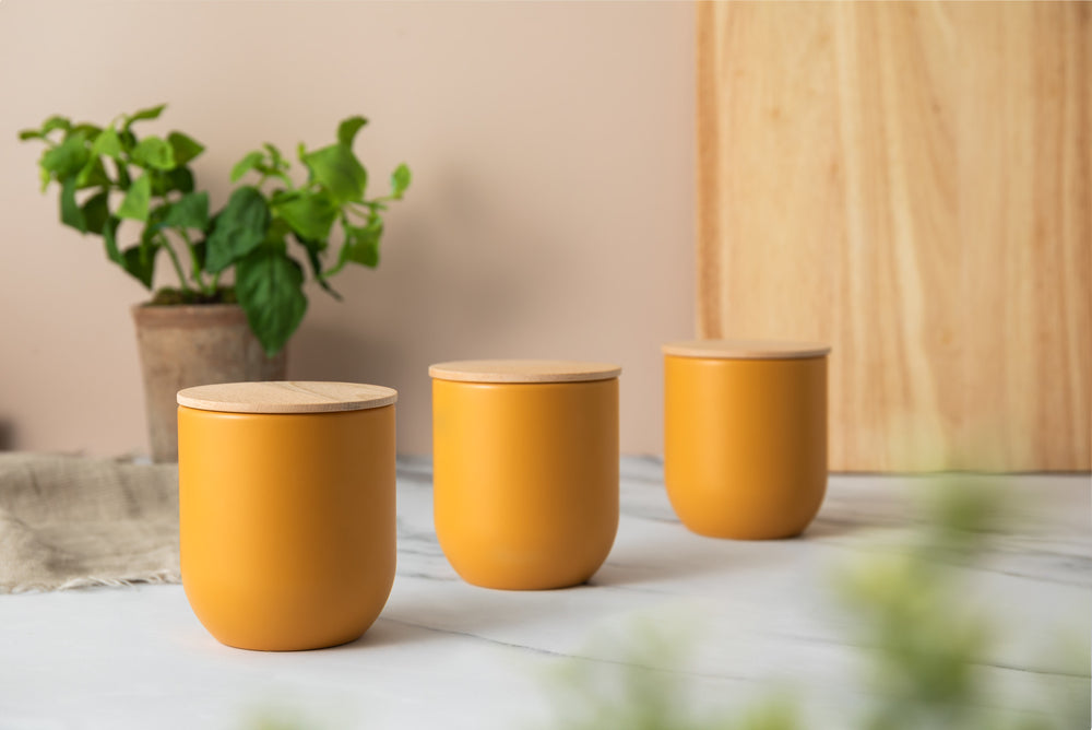 Idilica 3pc Set of Yellow Kitchen Canisters with Beechwood Lid