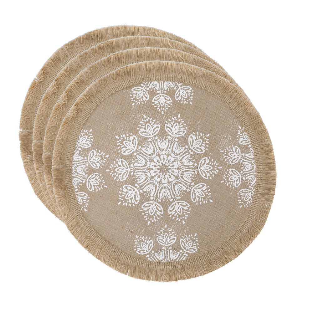 Creative Tops Round Hessian Placemats, Set of 4, White Mandala Design, 43cm