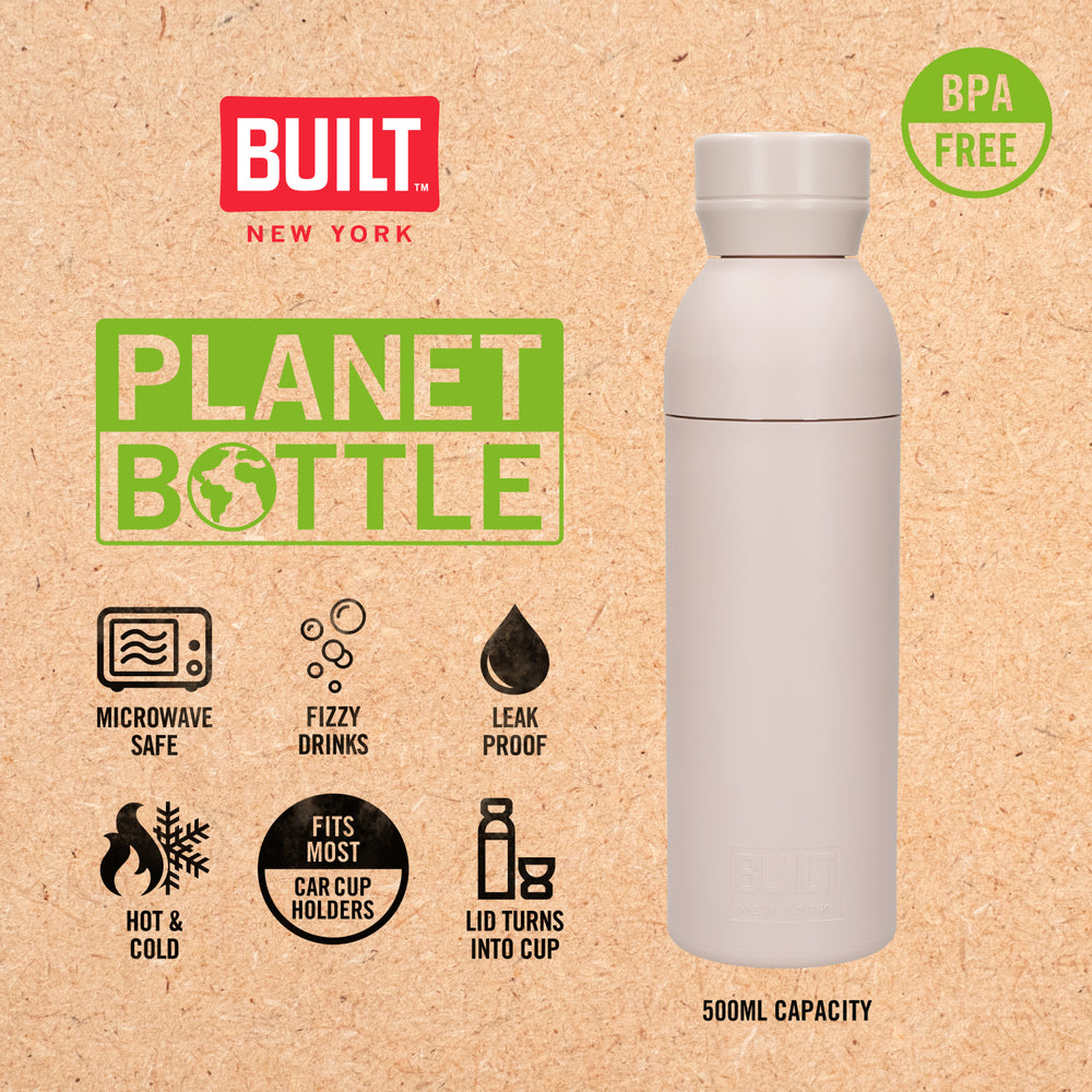 BUILT Planet Bottle, 500ml Recycled Reusable Water Bottle with Leakproof Lid - Pale Pink