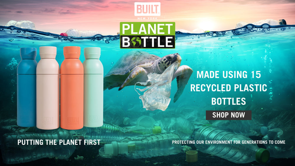 BUILT Planet Bottle, 500ml Recycled Reusable Water Bottle with Leakproof Lid - Coral Pink