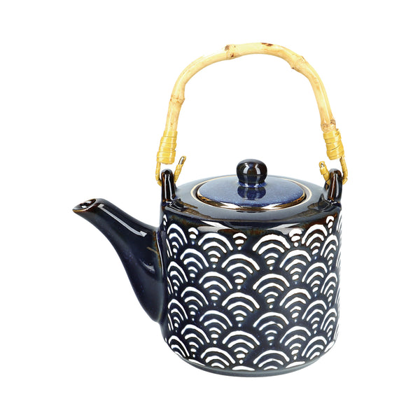 7pc Porcelain Tea Set with 540mlTeapot with Bamboo Handle and 6x Indigo Blue Cups - Satori image 3