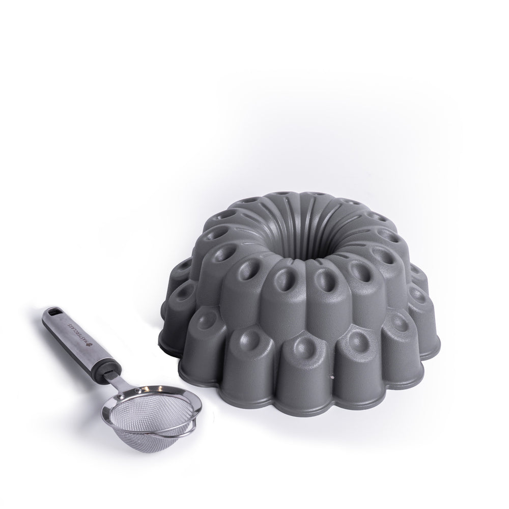 MasterClass 2pc Bakeware Set with Button Cast Aluminium Decorative Cake Pan and Soft Grip Stainless Steel Sieve image 1