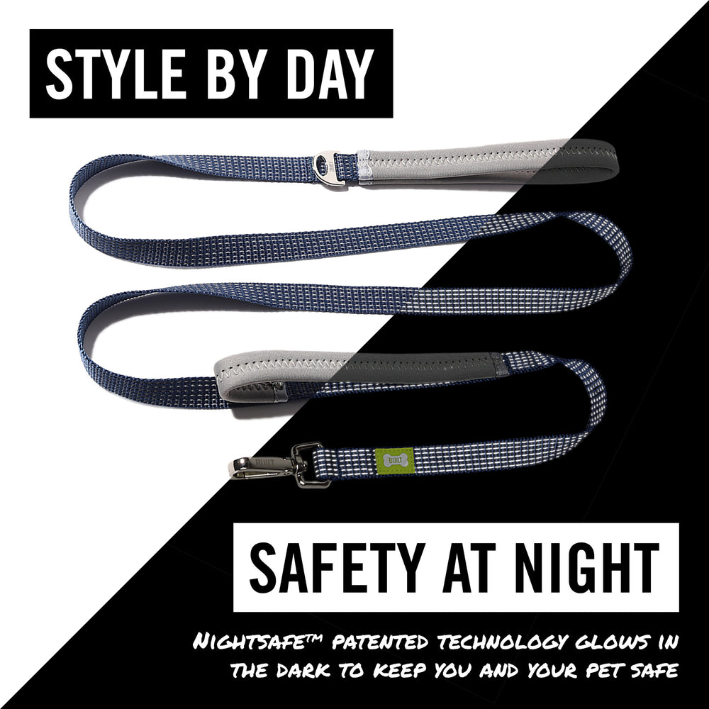 BUILT PET Medium Double Handle Night Safe Reflective Lead - Blue