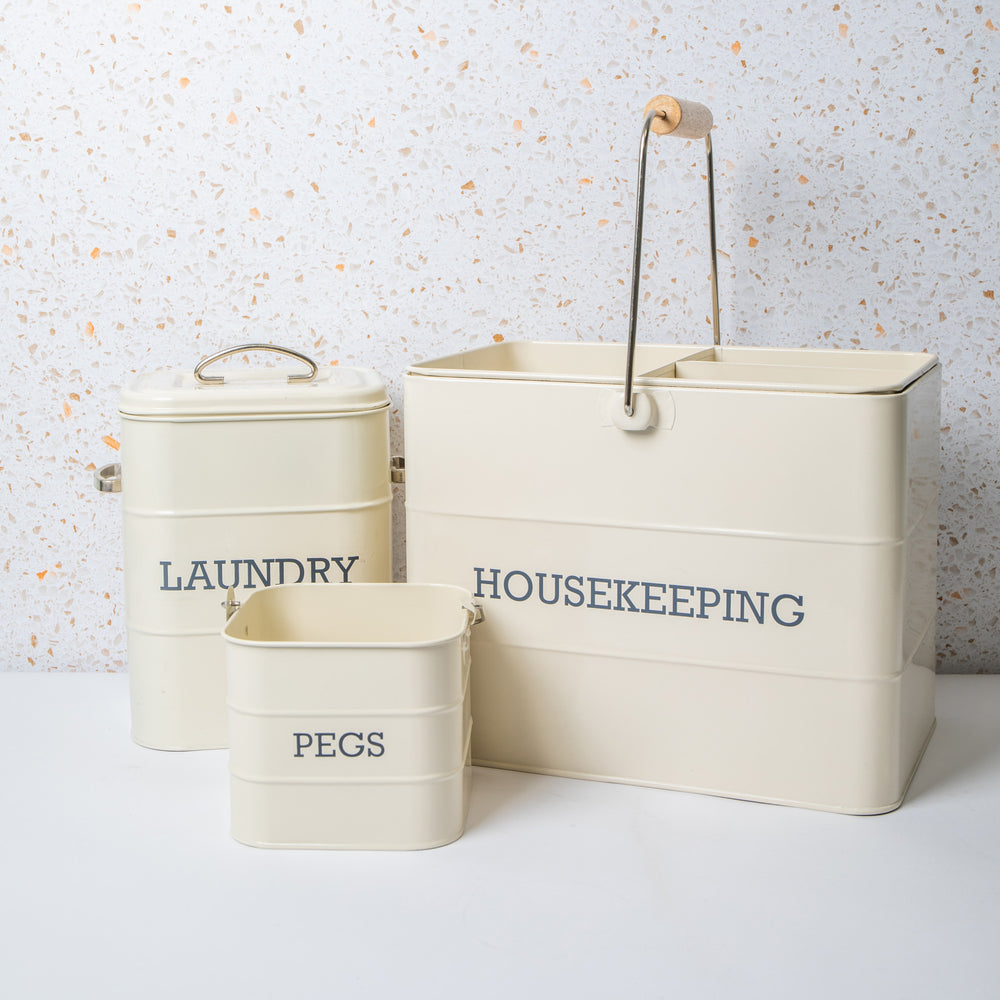 3pc Antique Cream Laundry Set with Housekeeping Tin, Laundry Tin and Peg Tin