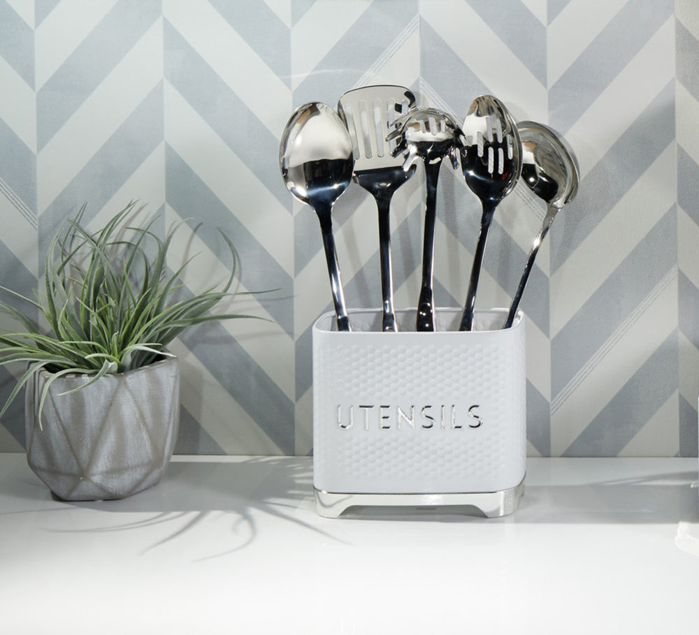 Lovello Retro Utensil Holder with Geometric Textured Finish - Ice White