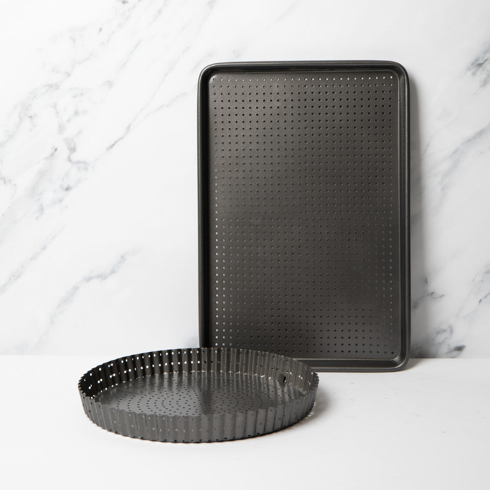 2pc Crusty Bake Non-Stick Bakeware Set with 30cm Round Fluted Quiche Tin and 39cm Baking Tray