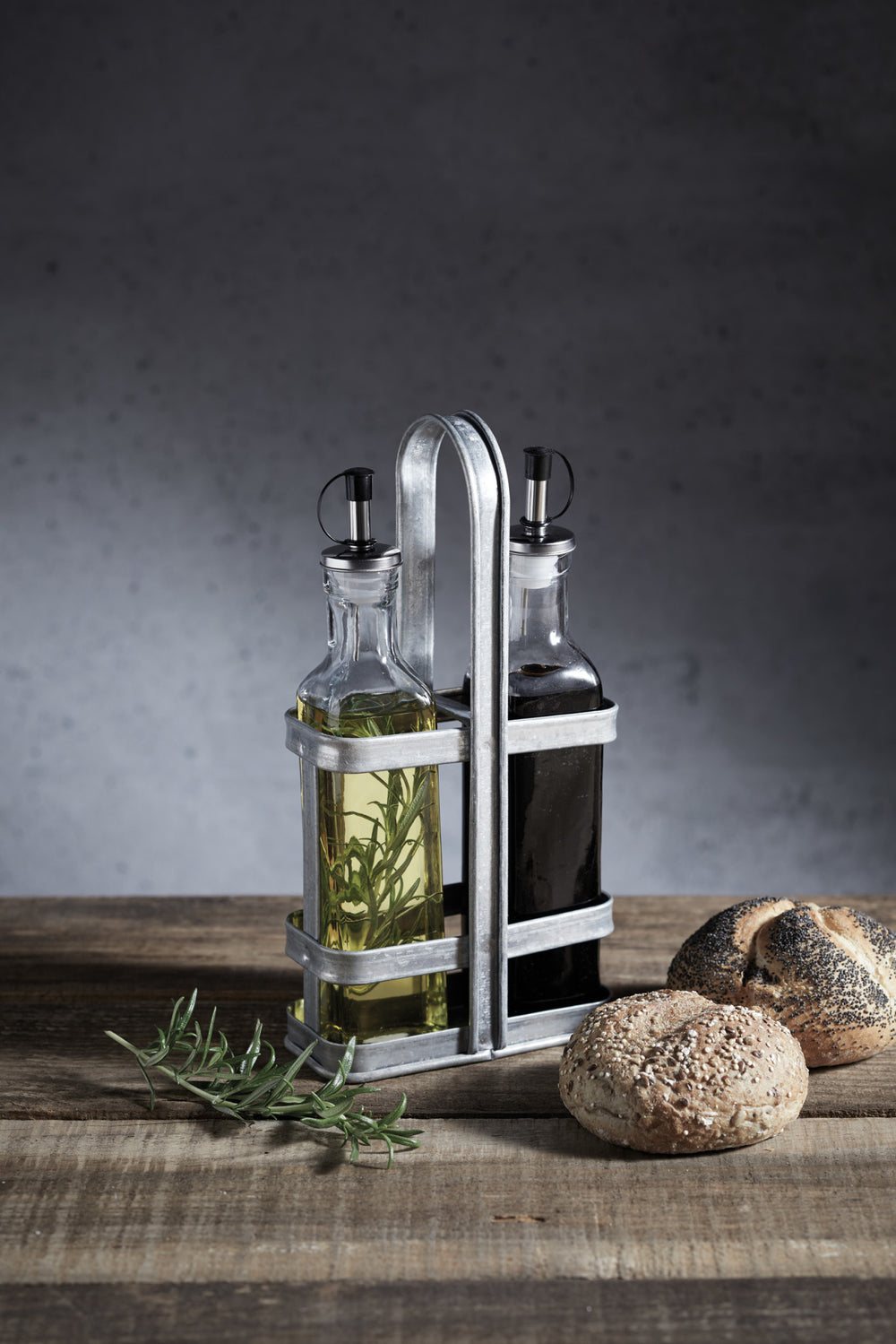 Industrial Kitchen Vintage-Style Glass Oil and Vinegar Cruet Set with Galvanised Steel Holder