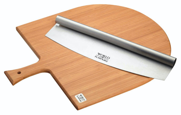 3pc Pizza Peel Set with Pizza Paddle, Bamboo Serving Board and Stainless Steel Rocking Knife image 4