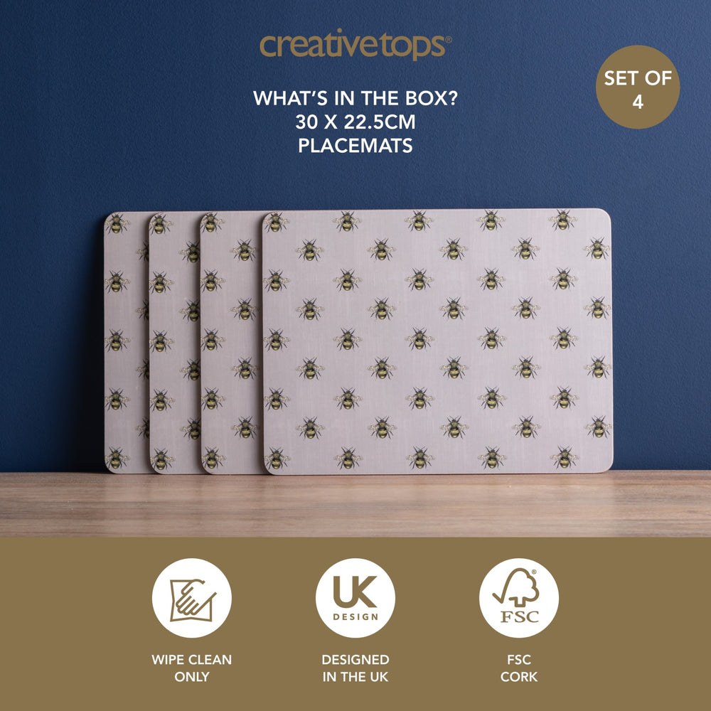 Creative Tops Printed Country Bee Rectangle Placemats Set Of 4, Grey, 30 x 22.5CM