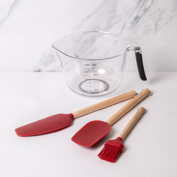 4pc Baking Set with Birchwood & Silicone Pastry Brush, Spoon Spatula, Mixer Spatula and 2l Clear Measuring Bowl with Handle image 2