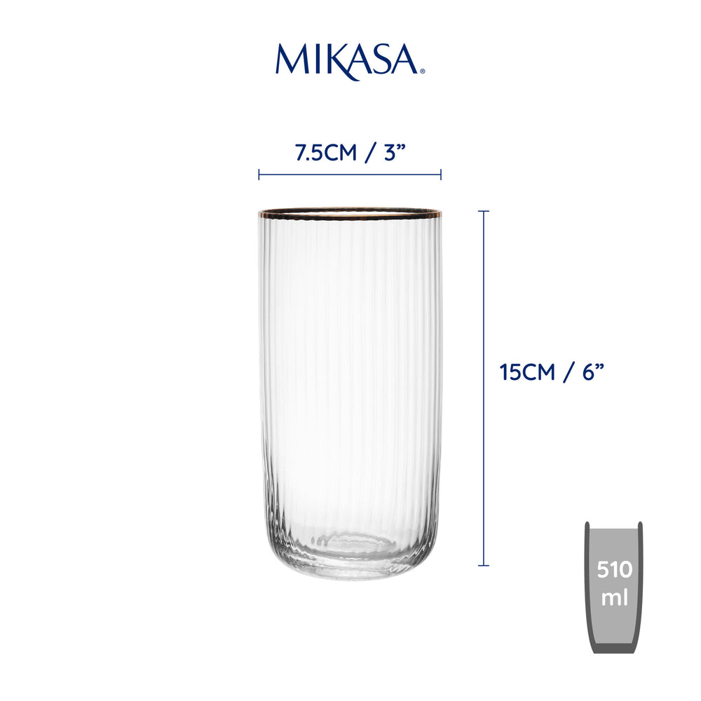 Mikasa Sorrento Ridged Crystal Highball Glasses, Set of 4, 510ml