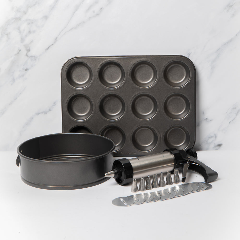 24pc Baking Set with Non-Stick Round Tin, 12-Hole Tin, Biscuit Press/Icing Gun, 8 Stainless Steel Nozzles & 13 Cutters