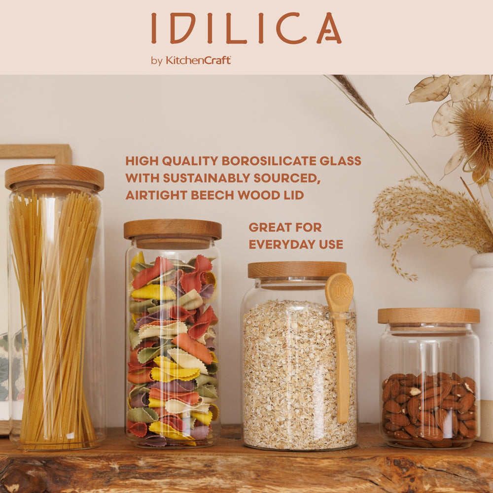KitchenCraft Idilica Glass Storage Jar with Beechwood Lid, 1300ml