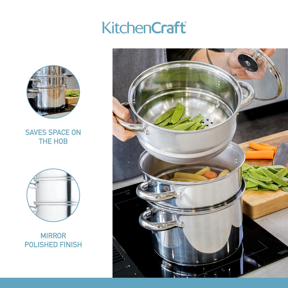 KitchenCraft Stainless Steel Three Tier Steamer, 22cm