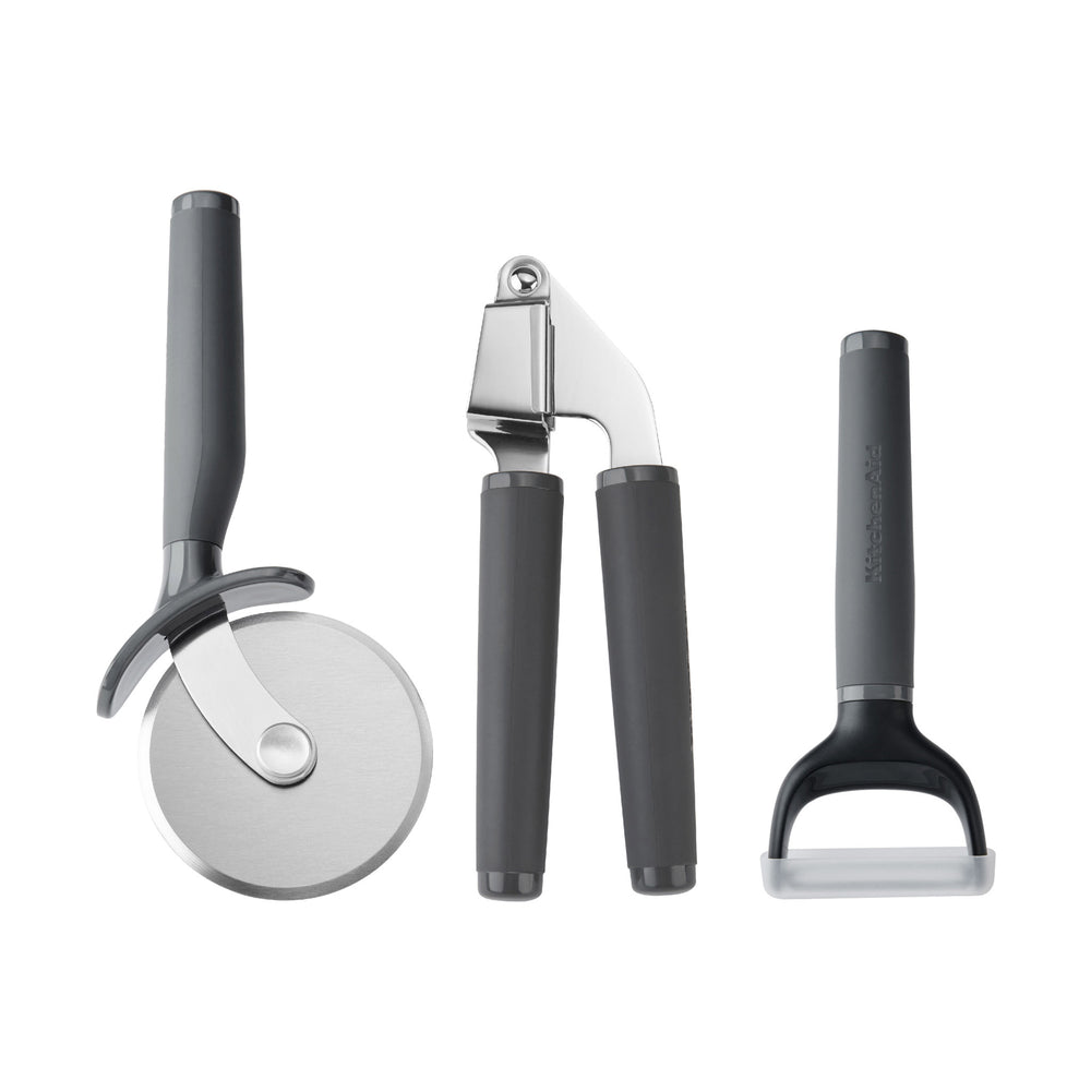 KitchenAid 3pc Kitchen Soft Grip Tool Set with Garlic Press, Pizza Wheel and Y-Peeler, Charcoal Grey image 1