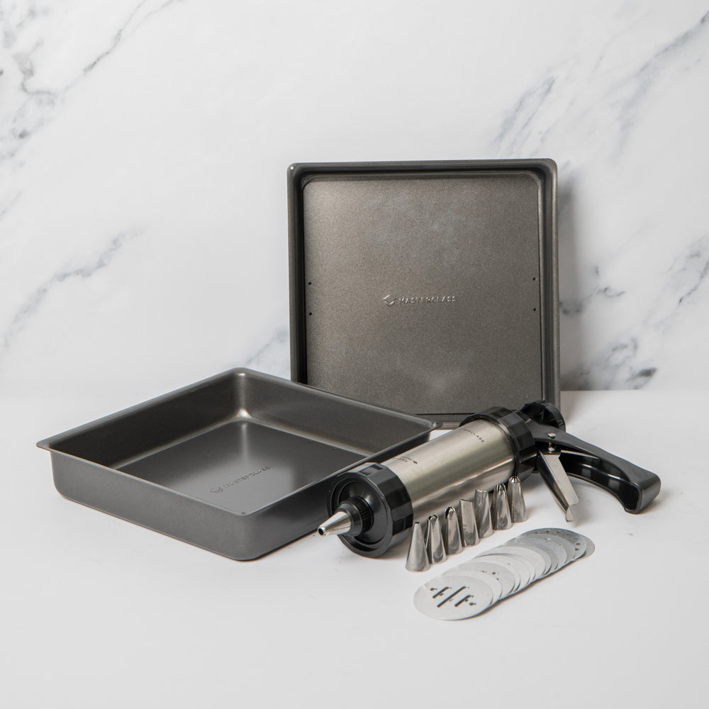 24pc Baking Set with 2x Non-Stick Loose Base 20cm Square Sandwich Pans, Icing Gun, 8x Stainless Steel Nozzles and 13x Cutters