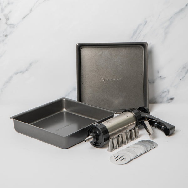24pc Baking Set with 2x Non-Stick Loose Base 20cm Square Sandwich Pans, Icing Gun, 8x Stainless Steel Nozzles and 13x Cutters image 2