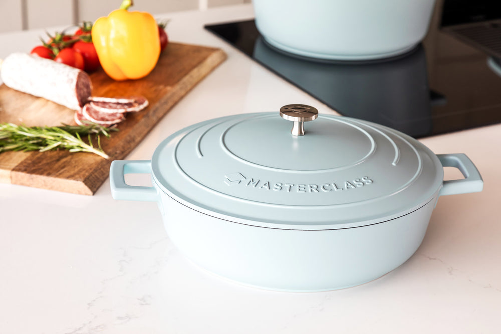 MasterClass Sky Blue Cast Aluminium Shallow Casserole Dish with Lid, 4 L
