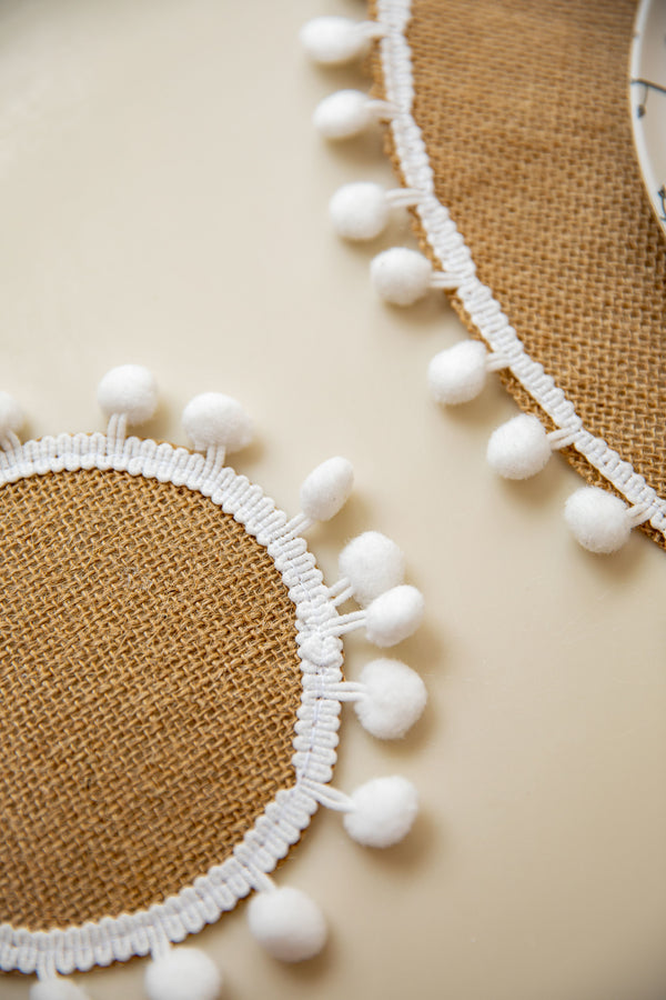 Natural Elements Set of 4 Woven Hessian Drink Coasters with Pom Pom Decorations image 9