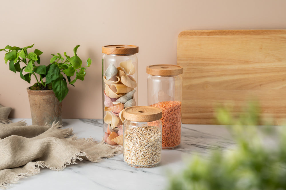 Idilica 3pc Glass Storage Jar Set with Beechwood Lid