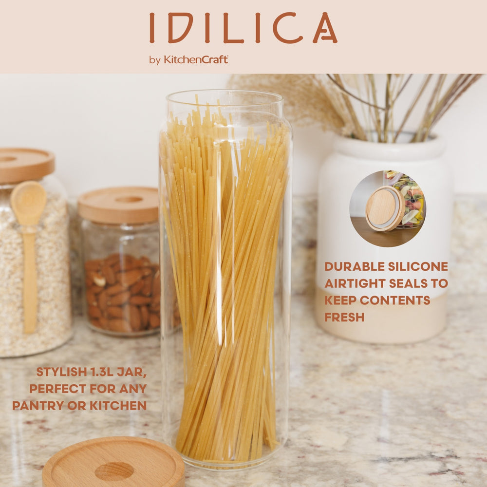 KitchenCraft Idilica Glass Storage Jar with Beechwood Lid, 1300ml