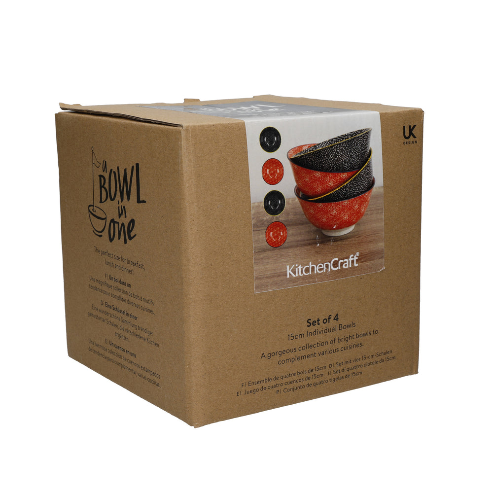KitchenCraft Set of 4 Ceramic Cereal Bowls - 'Red and Black' Design