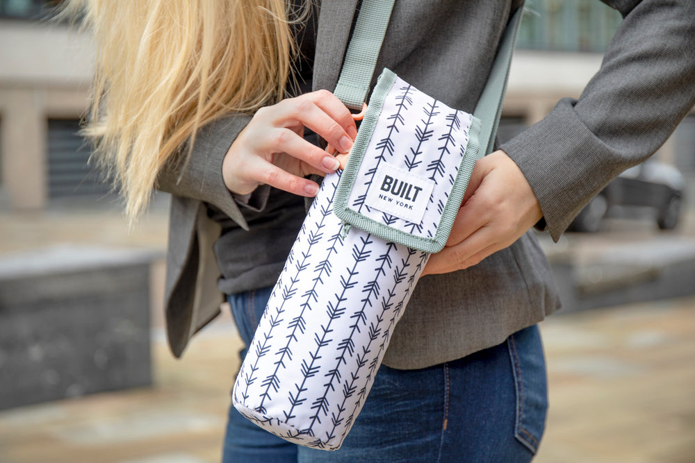 BUILT Insulated Bottle Bag with Shoulder Strap and Food-Safe Thermal Lining - White
