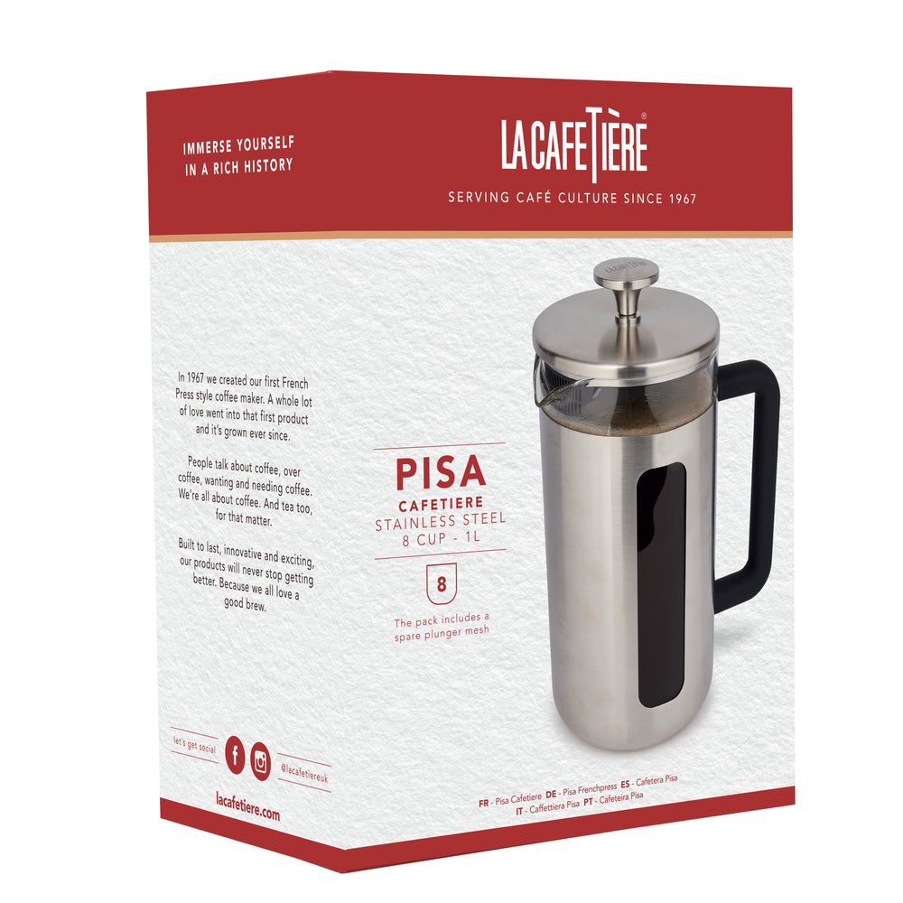 La Cafetière Pisa Brushed Stainless Steel Cafetière - 8 Cup
