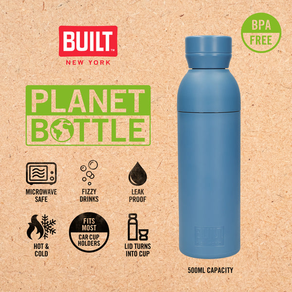 BUILT Planet Bottle, 500ml Recycled Reusable Water Bottle with Leakproof Lid - Blue image 9