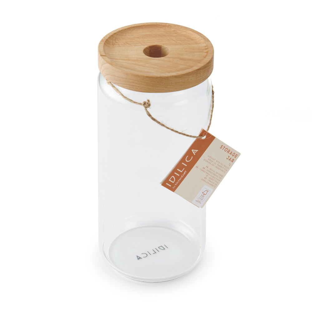 KitchenCraft Idilica Glass Storage Jar with Beechwood Lid, 1000ml