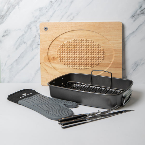 5pc Roasting Set with Roasting Tin & Rack, Carving Fork & Carving Knife, Wooden Carving Board and Silicone Oven Gloves image 2