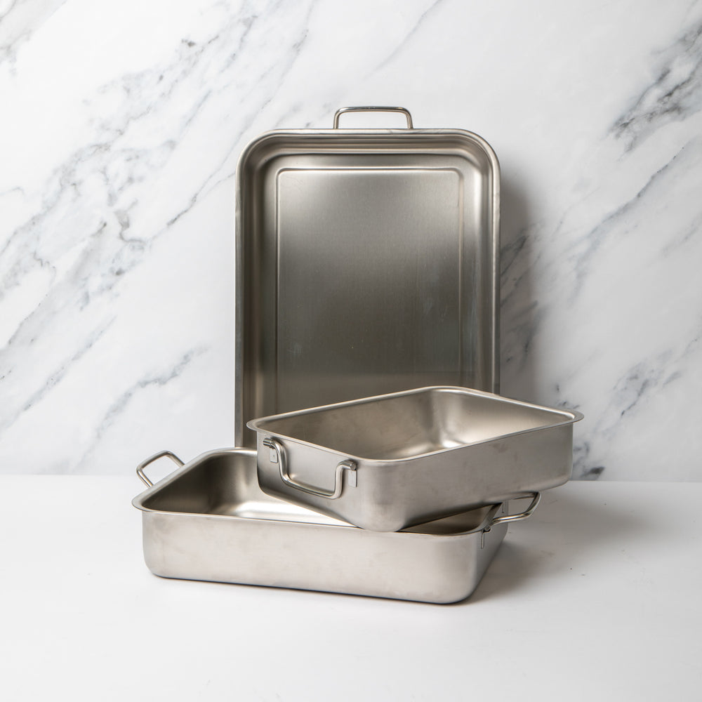 Set of Three Stainless Steel Heavy Duty Roasting Pans, 27cm x 20cm, 32cm x 23cm & 37cm x 27cm