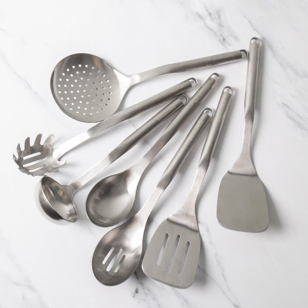 7pc Stainless Steel Utensil Set with Slotted Spoon and Turner, Cooking Spoon, Ladle, Pasta Server, Strainer and Fish Slice image 2