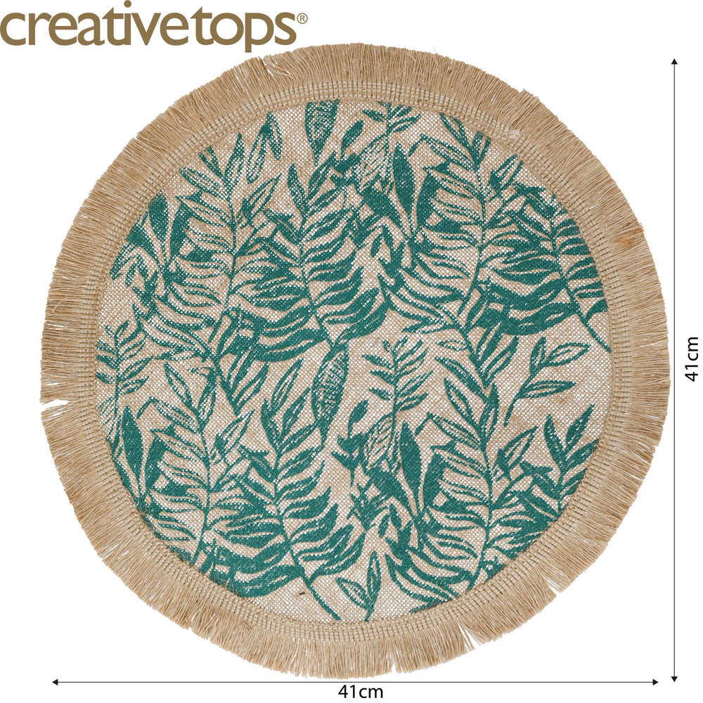 Creative Tops Round Hessian Placemats, Set of 4, Green Leaf Design, 43cm