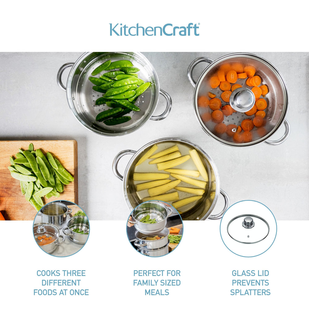 KitchenCraft Stainless Steel Three Tier Steamer, 16cm