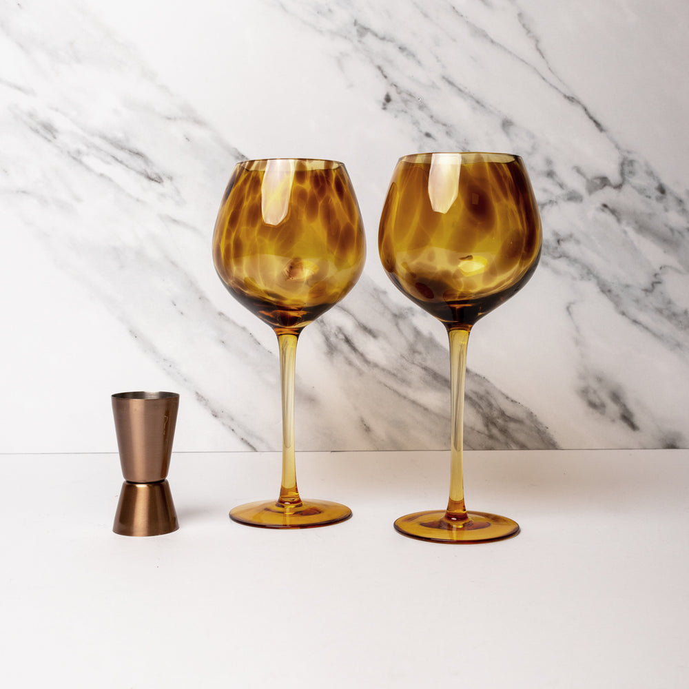 3pc Bar Accessories Set including Tortoiseshell Patterned Gin Glasses and Copper Finish Stainless Steel Jigger
