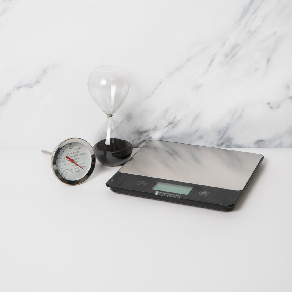 3pc Kitchen Tools Set with 'Dry & Liquid' Digital Kitchen Scales, Wireless Stainless Steel Meat Thermometer & Glass Sand Timer
