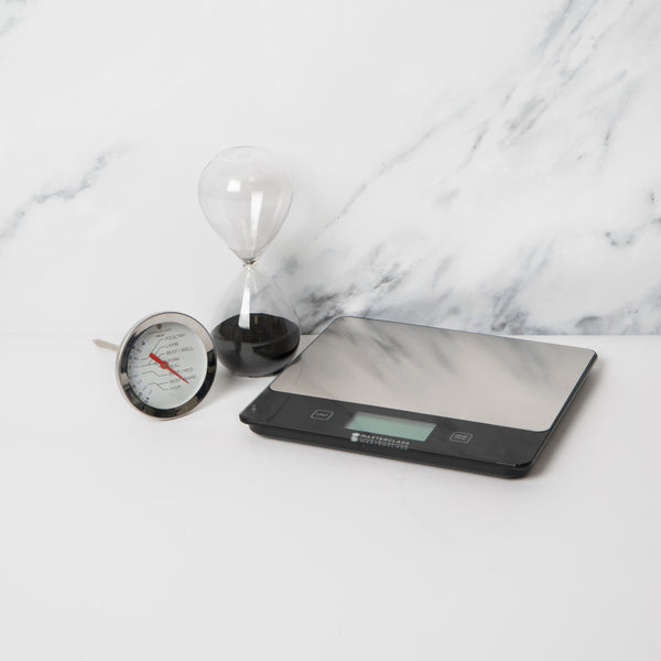 3pc Kitchen Tools Set with 'Dry & Liquid' Digital Kitchen Scales, Wireless Stainless Steel Meat Thermometer & Glass Sand Timer image 2