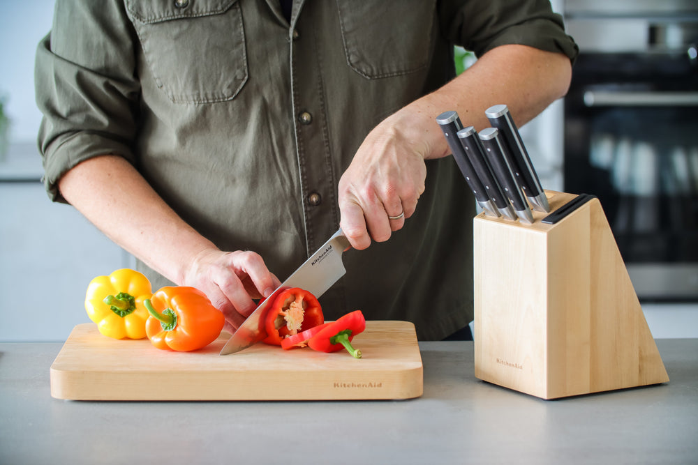 KitchenAid Gourmet 5-Piece Kitchen Knife Set with Block, Sharp High-Carbon Japanese Steel Knives and Birchwood Holder