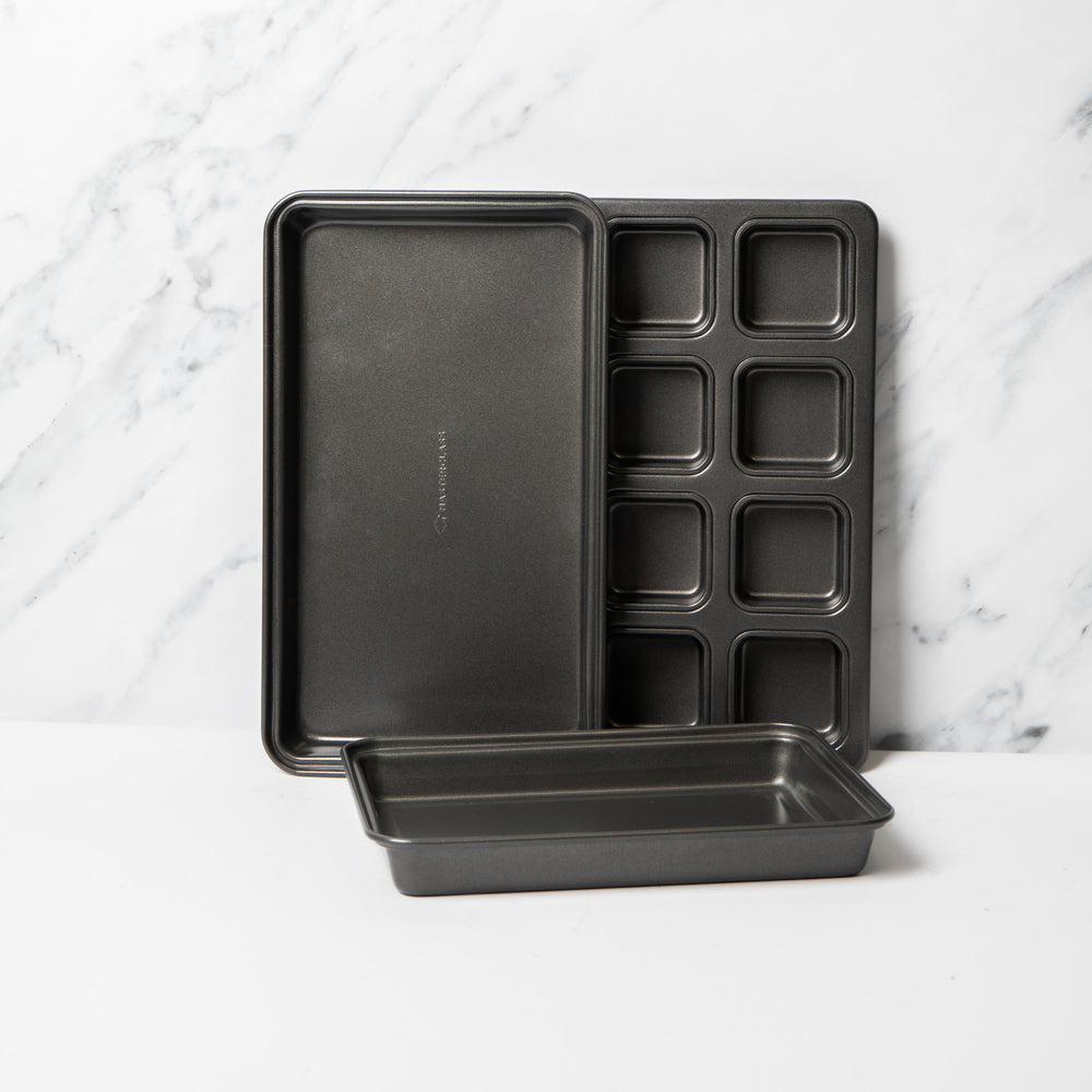 3pc Non-Stick Brownie Baking Set with 2x Standard Brownie Pans and 1x 12-Hole Individual Brownie Pan