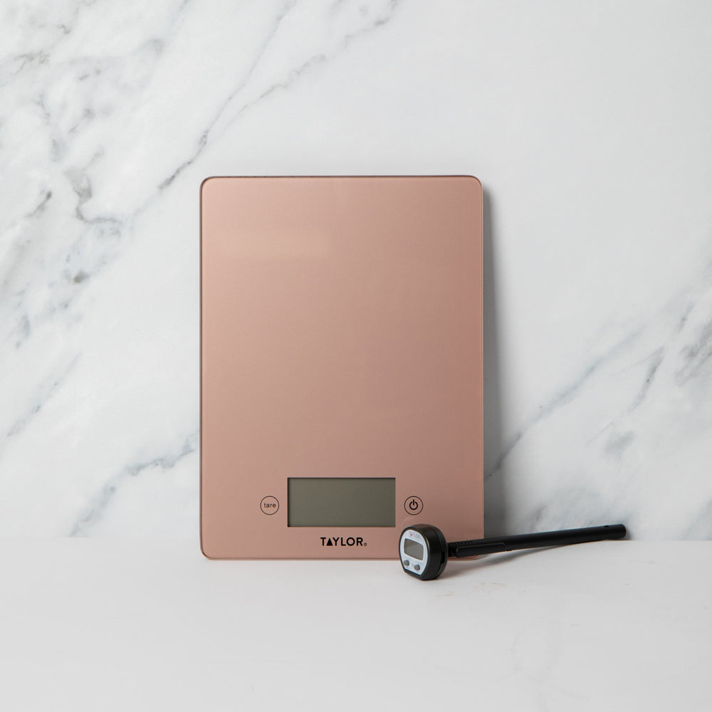 2pc Gift-Boxed Measuring Set with Pro Rose Gold Glass Digital Kitchen Scales 5kg and Pro High-Temperature Thermometer