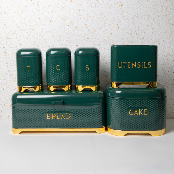 6pc Gift-Boxed Hunter Green Kitchen Set with Tea, Coffee & Sugar Canisters, Utensil Store, Cake Tin and Bread Bin - Lovello image 2