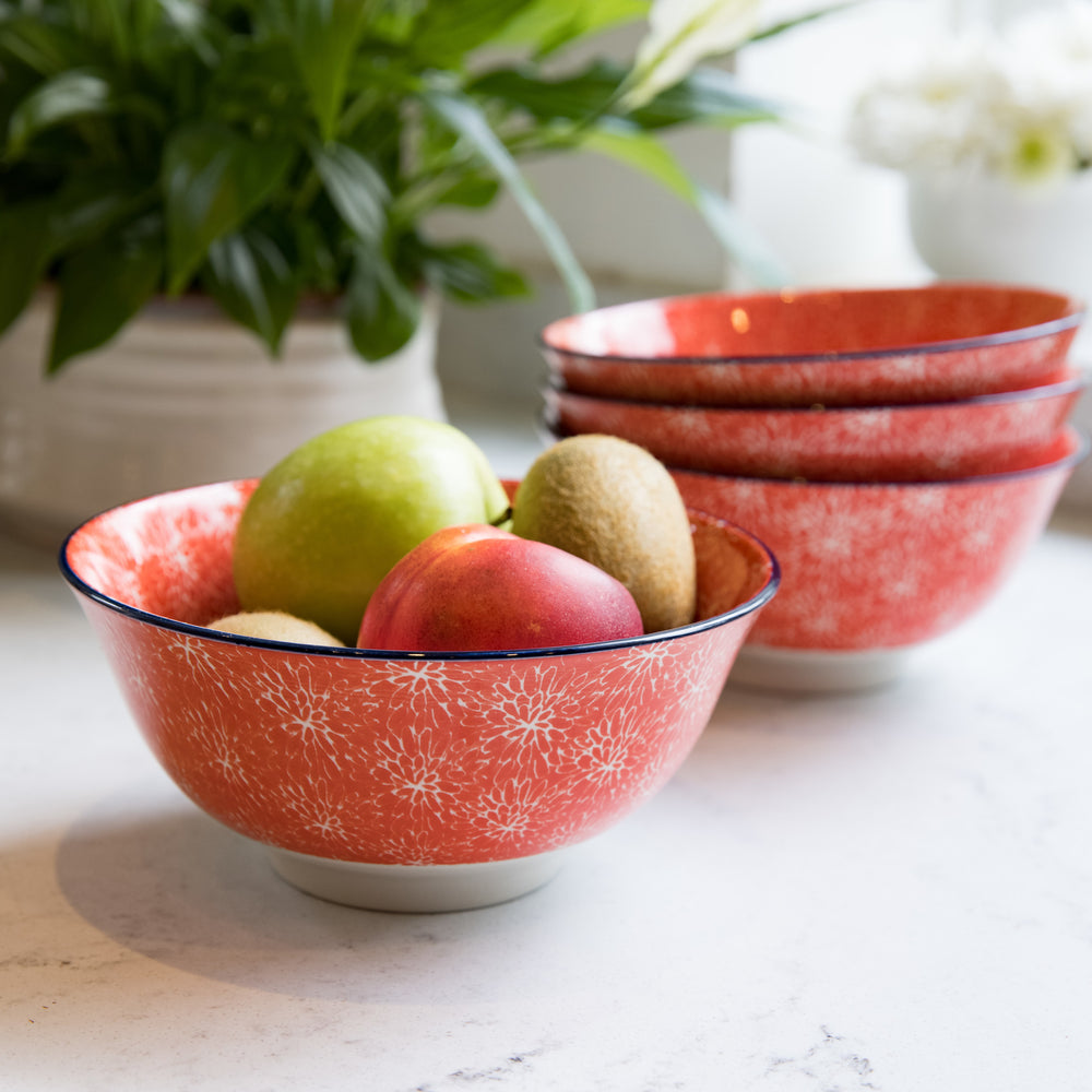 Set of 4 KitchenCraft Red Floral and Blue Edge Ceramic Bowls