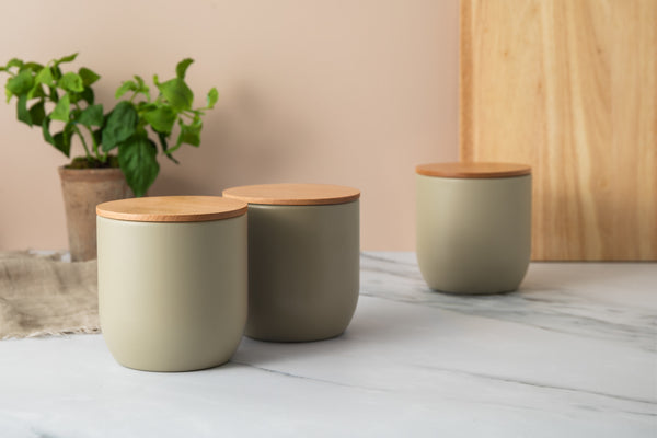 Idilica 3pc Set of Grey Kitchen Canisters with Beechwood Lid image 2